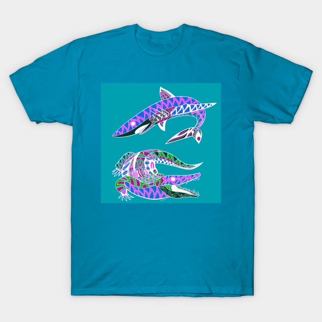 swamp and the sea, the shark and the gator ecopop T-Shirt by jorge_lebeau